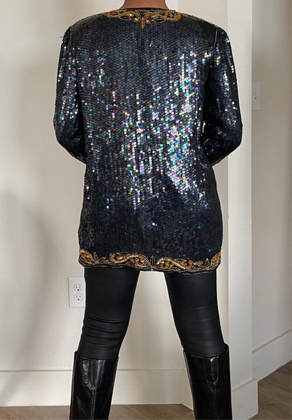 Navy, Gold Sequin Collarless Blazer  (XL)