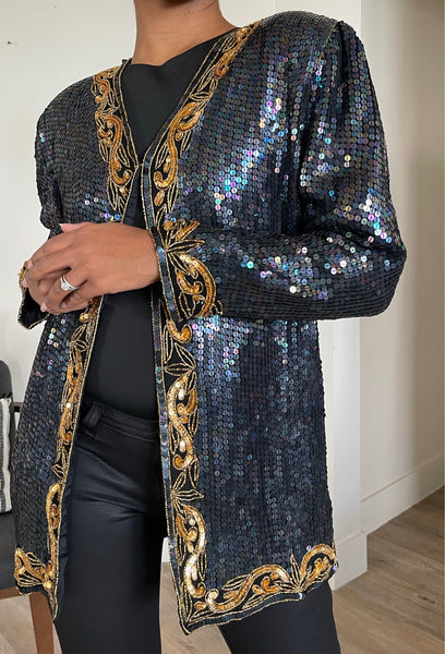 Navy, Gold Sequin Collarless Blazer  (XL)