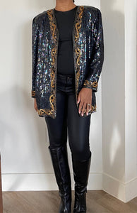 Navy, Gold Sequin Collarless Blazer  (XL)