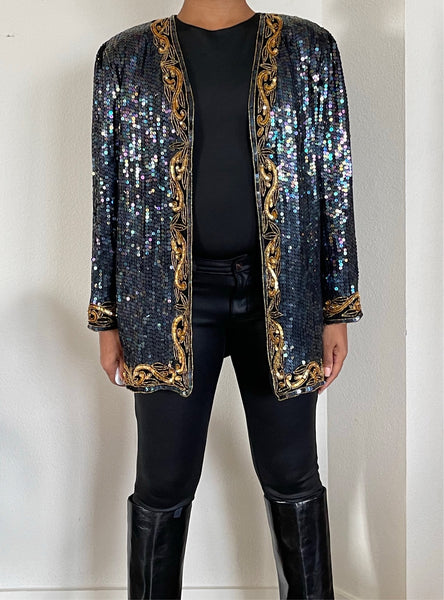 Navy, Gold Sequin Collarless Blazer  (XL)