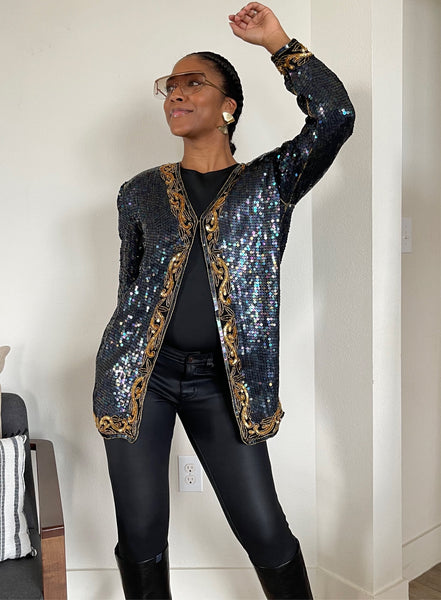 Navy, Gold Sequin Collarless Blazer  (XL)